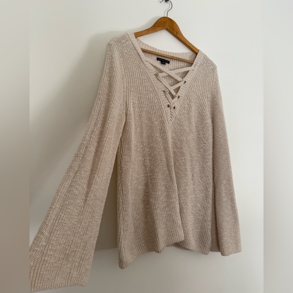 American Eagle Outfitters Beige Lace-Up Knit Top
